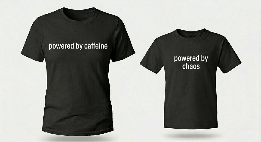 "Powered by caffeine" +" Powered by chaos" T-Shirt Set