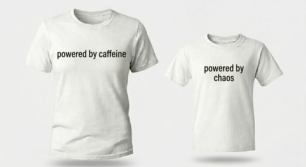 "Powered by caffeine" +" Powered by chaos" T-Shirt Set