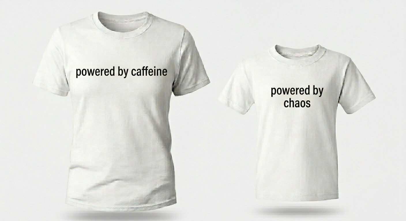 "Powered by caffeine" +" Powered by chaos" T-Shirt Set